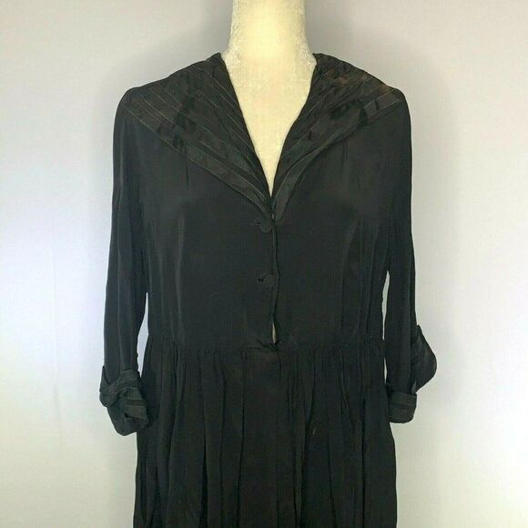 Vintage 40s Large Collar Shirt Dress M Black Buttons Gathered Waist Study Repair - Picture 2 of 12